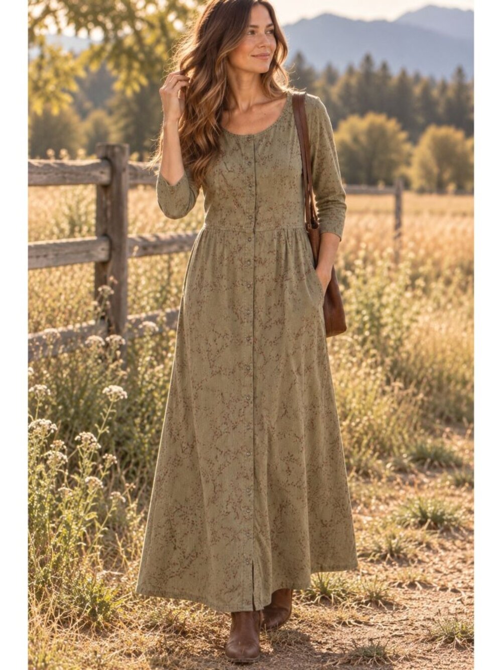 Vintage Eddie Bauer Modest Corduroy Button Front Maxi Dress Prairie FLAW MedTALL